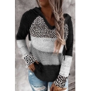 Womens Sweater Chic Color Block Leopard Skin Pattern Hooded V Neck Long Raglan Sleeve Regular Fitted Sweater