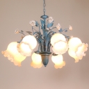 White Glass Flower Chandelier Lamp Pastoral Style 5/6/8 Bulbs Living Room Pendant Light in Blue