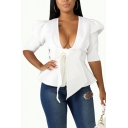 Womens Jacket Trendy Solid Color Tie Open Front Ruffle Hem Slim Fit Half Puff Sleeve Deep V Neck Casual Jacket