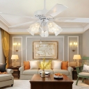 Blossom Carved Glass Semi Flush Ceiling Lamp Farmhouse 5-Bulb Parlor 5 Blades Hanging Fan Light Fixture in White, 52