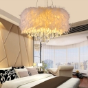 5/6/9-Bulb Hotel Ceiling Hang Light Modern White Chandelier with Drum Feather Shade and Crystal Drape, 16