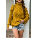 Trendy Women's Sweater Solid Color Cable Knit High Neck Bishop Sleeves Loose Fit Pullover Sweater