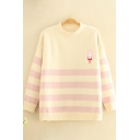Novelty Womens Sweater Rabbit Floral Stripe Pattern Rib Trim Long Sleeve Relaxed Fitted Round Neck Sweater
