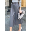 Womens A-Line Skirt Casual Solid Color PU Leather High Rise Midi A-Line Skirt
