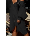 Women's Hot Fashion Long Sleeve Plain Zip-Front Mini Hooded Asymmetric Black Dress