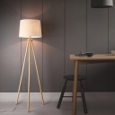 Simple Style Tapered Drum Floor Light Fabric Single Bedside 3-Legged Stand Up Lamp in Wood