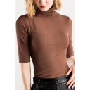 Leisure Women's Tee Top Plain High Neck Long Sleeve Fitted T-Shirt