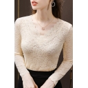 Classic Womens T-Shirt Scalloped Trim Lace Long Sleeve V Neck Slim Fitted Bottoming T-Shirt