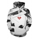 Men's White 3D Poker Card Printed Long Sleeve Pullover Boxy Hoodie