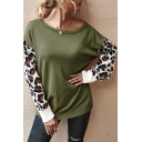 Basic Womens Sweater Color Block Leopard Skin Panel Boat Neck Long Sleeve Relaxed Fitted Sweater