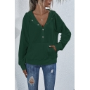 Leisure Womens Hoodie Button Detail Kangaroo Pocket Solid Color Long Sleeves Regular Fitted Drawstring Hooded Sweatshirt