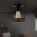 Single-Bulb Caged Semi Flush Light Industrial Black Iron Ceiling Mount Lamp for Bistro