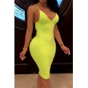 Sexy Women's Slip Dress Solid Color Backless Strapped Twist Back V Neck Sleeveless Slim Fitted Midi Slip Dress