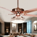 Rose Gold 3-Light Pendant Fan Light Retro White Glass Bowl 4-Blade Semi Flush Ceiling Lamp, 42