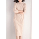 Leisure Women's Sweater Dress Ribbed Knit Solid Color Mock Neck Long-sleeved Regular Fitted Midi Sweater Dress