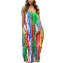 Womens Dress Trendy Paint Brush Pattern Tie Dye Bow-Tie Waist Spaghetti Strap Sleeveless Loose Fitted Maxi Slip Swing Dress