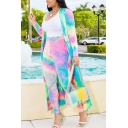 Retro Women's Co-ords Tie Dye Pattern High Waisted Elasticity Long Pants with Long-sleeved Open Front Cardigan