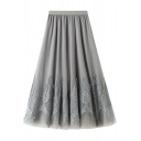 Vintage Womens Skirt Lace Patchwork Tulle Midi High Elastic Waist A-Line Swing Skirt