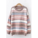 Cool Womens Sweater Color Block Stripe Pattern Loose Fitted Crew Neck Long Sleeve Sweater
