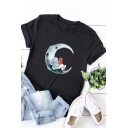 Retro Womens T-Shirt Astronaut Alien Book Crescent Moon Pattern Purified Cotton Crew Neck Short Sleeve Regular Fitted T-Shirt