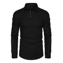 Military Style Epaulets Long Sleeve Button Front Chest Pocket Slim Fit Plain Polo Shirt