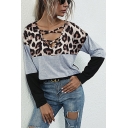 Novelty Womens T-Shirt Leopard Skin Pattern Contrast Panel Asymmetric Neck Long Sleeve Loose Fitted T-Shirt