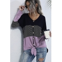 Retro Womens T-Shirt Color Block Panel Tie Hem Button Decoration Regular Fitted V Neck Long Sleeve Bottoming T-Shirt