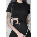 Unique Womens Tee Top Solid Color Hollow out Wrap Detail Chain Strip Short Sleeves Round Neck Slim Fitted T-Shirt