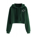 Womens Simple Letter DOUBLE Embroidery Long Sleeve Green Crop Hoodie