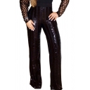 Vintage Womens Pants Sequin Elastic Waist Full Length Regular Fit Straight Lounge Pants