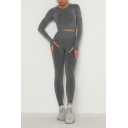 Fancy Women's Active Set Contrast Piping Crew Neck Long Sleeves Slim Fitted Crop Top with High Rise Skinny Pants Yoga Co-ords