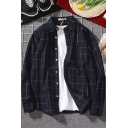 Basic Mens Shirt Grid Print Button up Spread Collar Long Sleeve Loose Fit Shirt with Chest Pocket