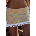 Vintage Womens Beach Skirt Lace-up Drawstring Patchwork Shell-Fringe Hem Mini Bodycon Skirt