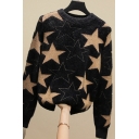 Womens Sweater Trendy Star Pattern Bright Silk Long Sleeve Relaxed Fitted Round Neck Sweater