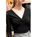 Stylish Tee Top Solid Color Front Twist Detailed V Neck Long Sleeves Slim Fitted T-Shirt