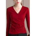 Novelty Womens Tee Top Plain Slim Fitted Long Sleeve Surplice V Neck Bottoming T-Shirt
