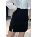 Retro Womens Skirt Solid Color Split Hem Anti-Emptied Mini High Waist A-Line Skirt