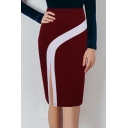 Classic Womens Skirt Color Block Panel Split Front Invisible Zipper Back Knee-Length High Waist Bodycon Skirt
