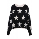 Womens Sweater Chic Star Embroidered Contrast Trim Long Bishop Sleeve Relaxed Fitted Round Neck Sweater