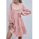 Unique Womens Dress Solid Color Keyhole-Back Short Regular Fitted Round Neck Long Bishop Sleeve Tiered Swing Dress