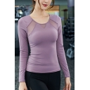 Womens Yoga T-Shirt Chic Quick Dry Mesh Patchwork Long Sleeve Round Neck Skinny Fitted Tee Top