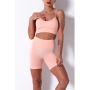 Trendy Women's Solid Color Scoop Neck Sleeveless Spaghetti Strap Slim Fitted Cropped Tank Top with High Waist Shorts