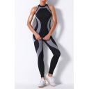 Fancy Women's Yoga Set Contrast Panel Abstract Pattern Crew Neck Sleeveless Slim Fitted Tank Top with Seamless Elastic Waist Long Pants Co-ords