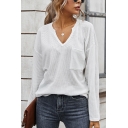 Fancy Women's Sweater Knitting Solid Color Chest Pockets V Neck Long-sleeved Regular Fit Sweater