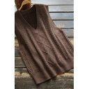 Trendy Vest Solid Color Cable Knit Ribbed Trims V Neck Sleeveless Regular Fit Sweater Vest for Women
