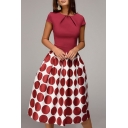 Novelty Womens Dress Polka Dot Print Contrast Panel Short Sleeve Knee Length A-Line Slim Fitted Round Neck Swing Dress