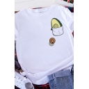 Creative Women's Tee Top Avocado Pocket Pattern Rolled Cuffs Round Neck Short Sleeves Relaxed Fit T-Shirt