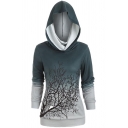 Novelty Womens Hoodie Ombre Color Tree Branch Print Slim Fitted Long Sleeve Hoodie