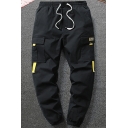 Men's Trendy Camouflage Printed Flap Pocket Front Drawstring Cuffs Black Cotton Casual Cargo Pants