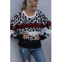 Womens Sweater Stylish Contrast Leopard Skin Pattern Patchwork Drop Shoulder Slim Fitted Crew Neck Long Sleeve Bottoming Sweater